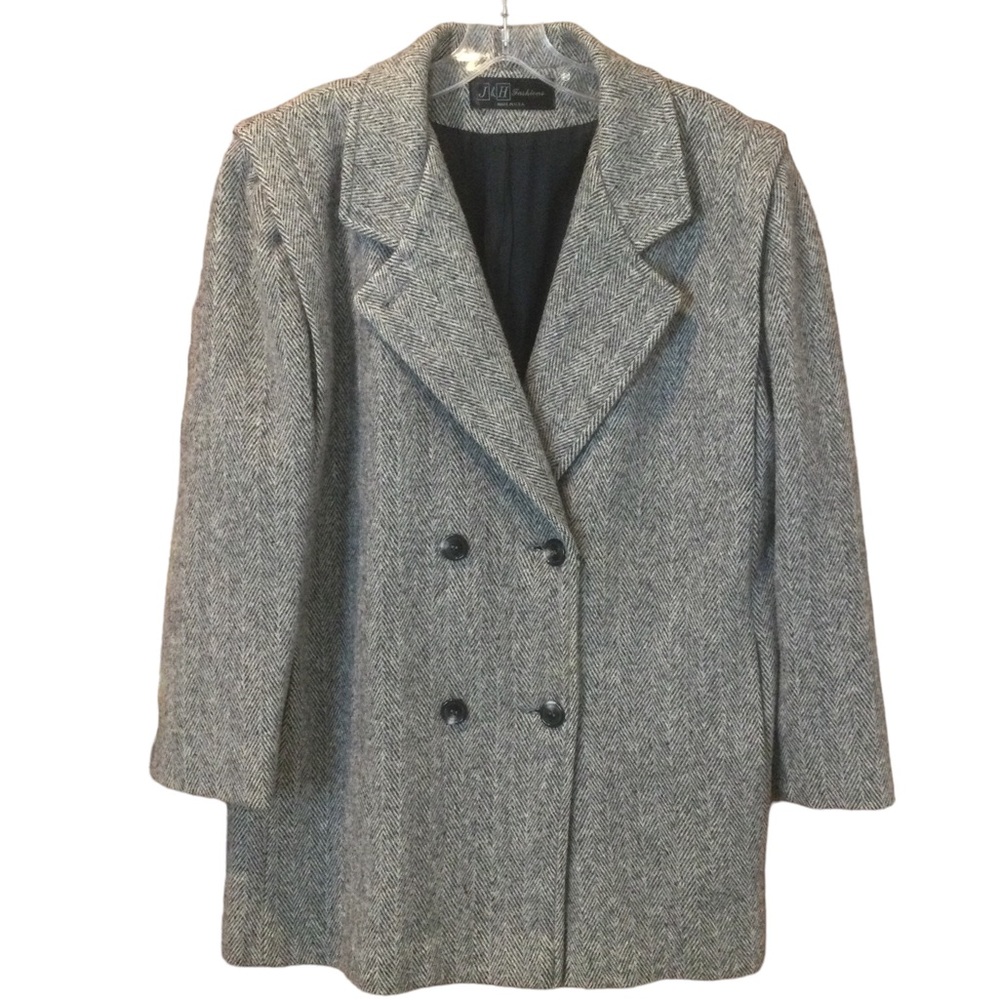 Vintage Black & White Herringbone Double Breasted Wool Overcoat Size 14